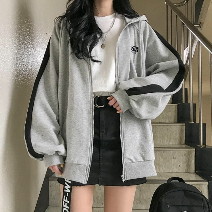 Picture of 2022 New Korean Style Autumn and Winter Women's Harajuku Style Velvet Hooded Sweatshirt Women's Color Block Embroidered Letter Zipper Jacket