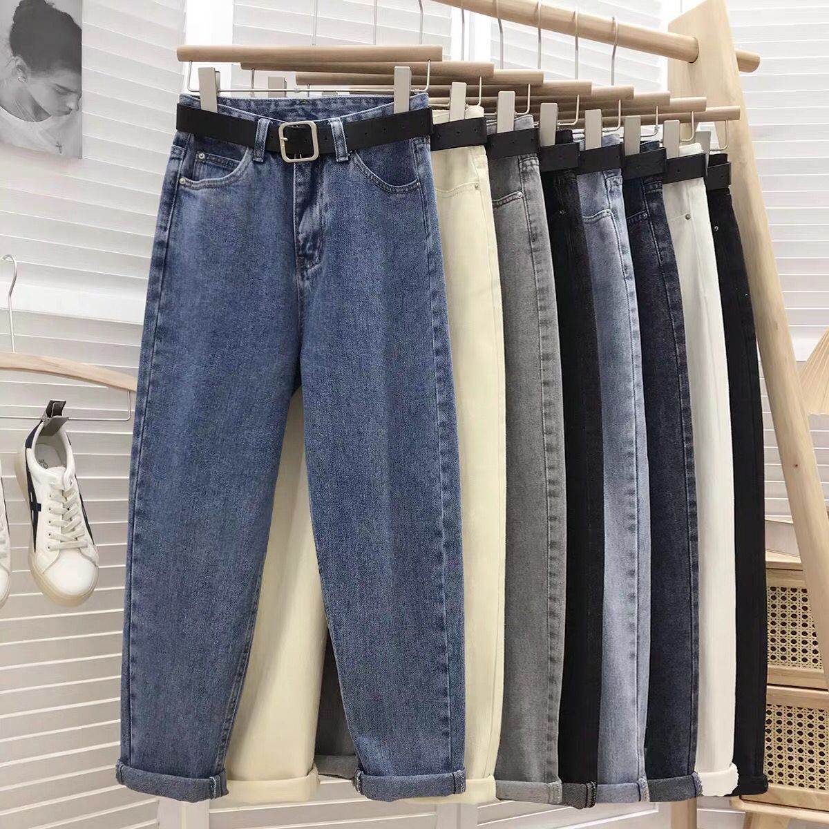 F Korean Style Loose Wide-Leg Jeans for Women Spring & Fall New High-Waist Slim Student Versatile Straight Carrot Daddy Pants