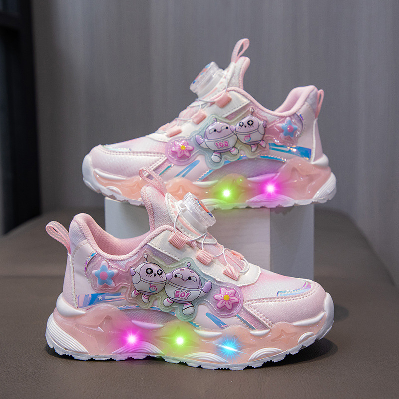 Girls with Light sneaker Mesh Breathable 2024 Spring and Autumn New Children's Soft Bottom Casual Luminous Running Shoes Trendy