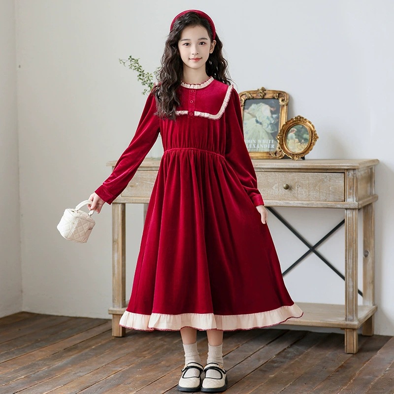 Girls dress Autumn and Winter New Fashionable Big Kids Retro French Slimming Little Girl Autumn Lace Long Skirt