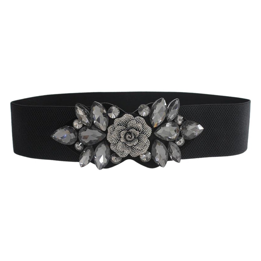 Rose Rhinestone Inlaid Elastic Belt Women's dress Down Jacket Decorative Black Belted Waist Seal