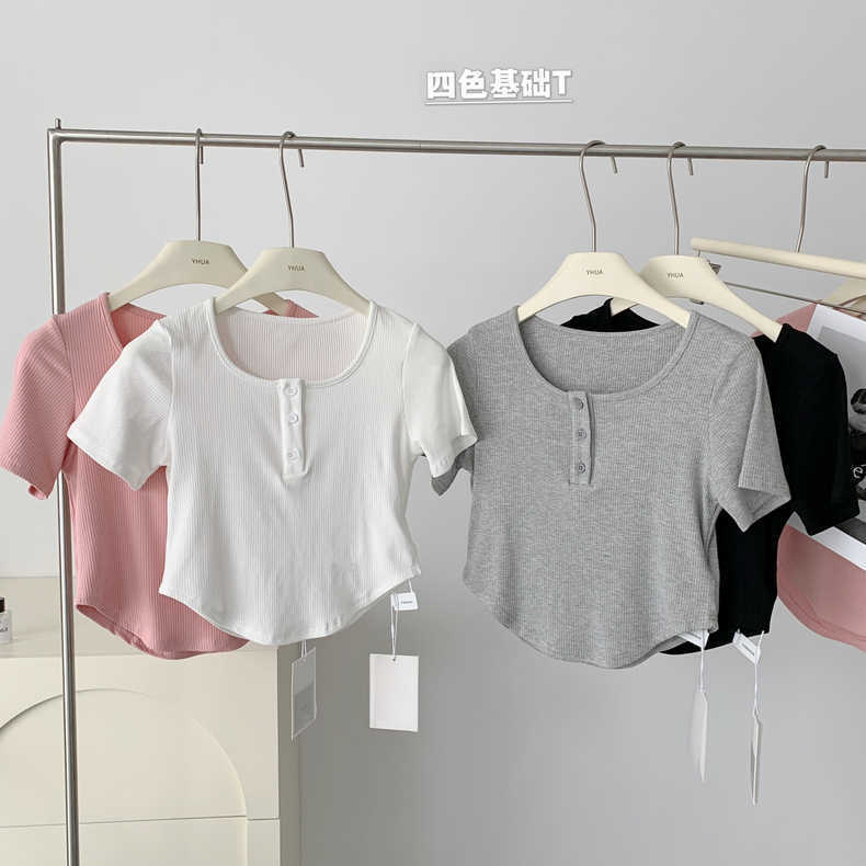 Milk fierce small waist essence ~ pure desire wind short arc slim solid color T-shirt women's crew neck short sleeve jacket