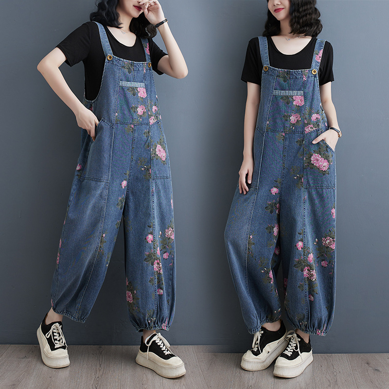 2024 spring new retro Western style loose multi-pocket Denim suspender pants ankle-tied straight Denim jumpsuit for women