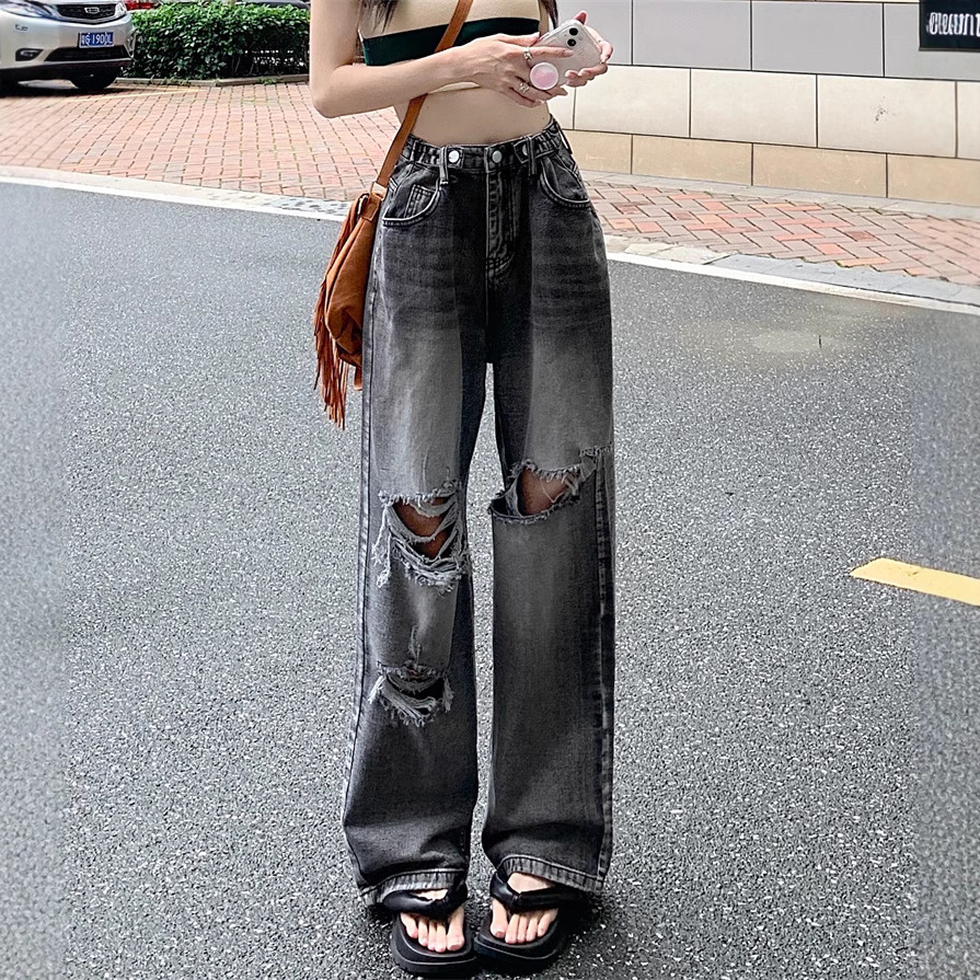 Smoky Grey Wide-leg Pants Women's Summer Ripped Jeans Loose Slimming Retro High Street High Waist Straight Pants