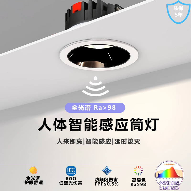 Human Body Sensor Downlight Embedded 75mm Aisle Corridor Entrance Door Photosensitive Infrared Anti-Glare Eye Protection Spotlight