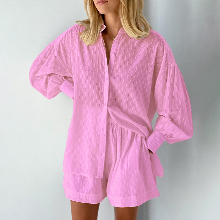 Picture of 2025 Amazon European and American Shirt Jacquard Bubble Sleeve Temperament Top Shorts Commuter Design Leisure suit