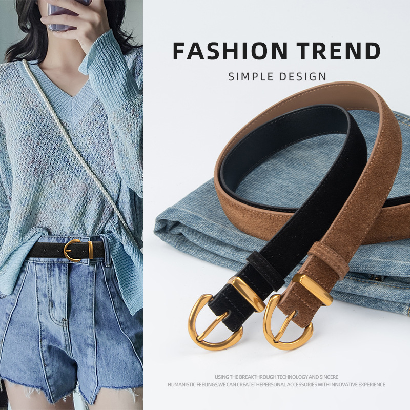 Suede Women's Belt Genuine Leather Decorative Skirt Belt Retro Cowhide Black Ins Style Jeans Cross-border Hair