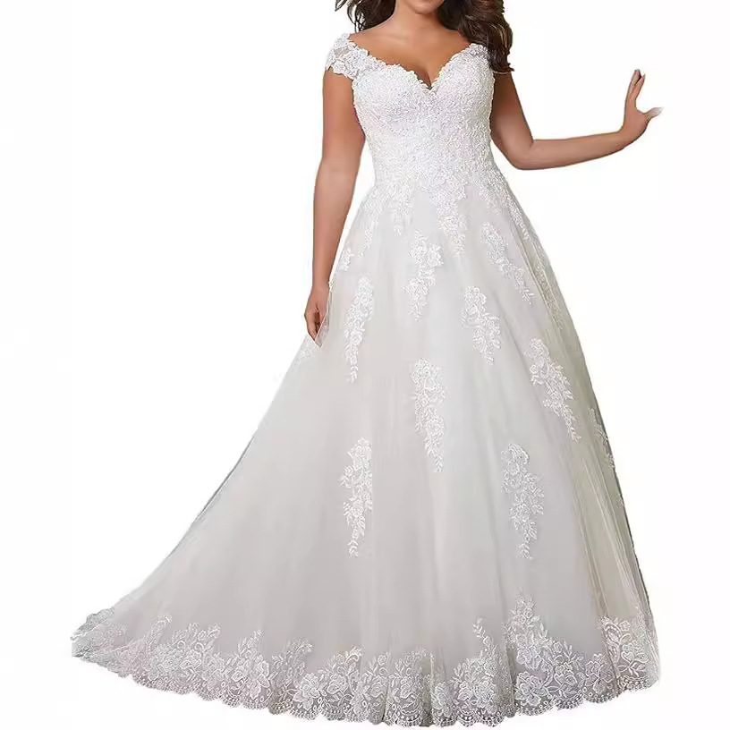 Cross-border off-shoulder Wedding Dress Mori 2024 New Bridal Simple V-neck Slim-fit Perspective Travel Tail Soft Yarn