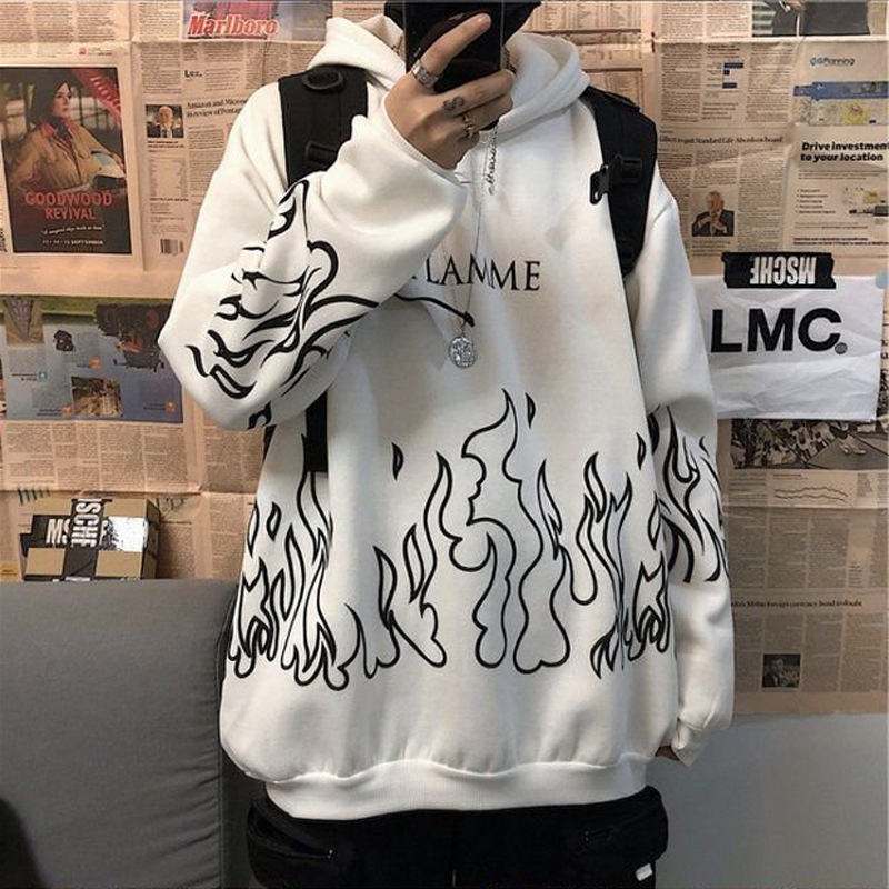 Autumn and winter Korean-style Harajuku bf style street hip-hop retro flame printing loose-fit hooded couple fleece-lined sweater trendy