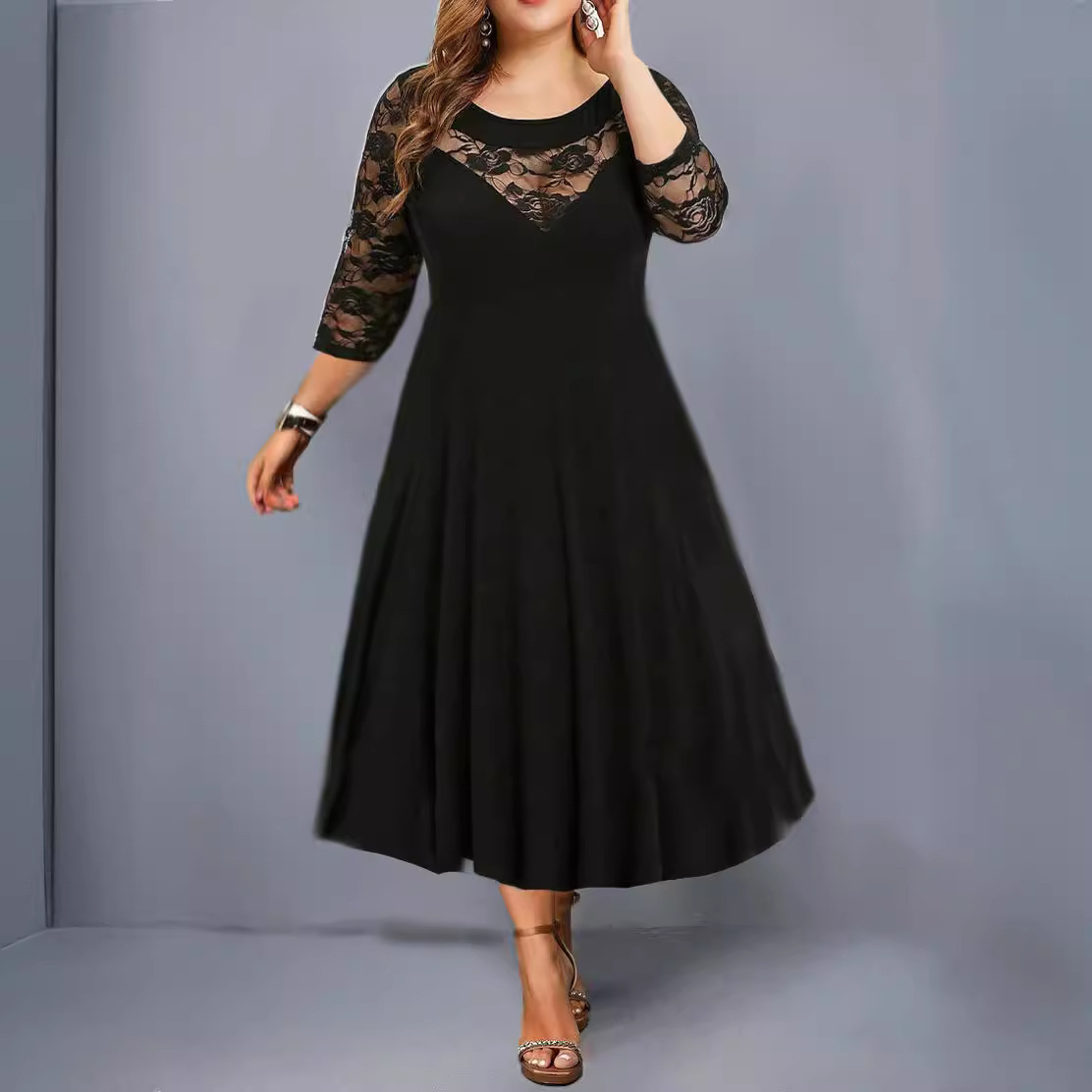 eBay Amazon Explosions AliExpress European and American Large Size Women's Crewneck Lace Stitching Seven Sleeve Large Swing Dress