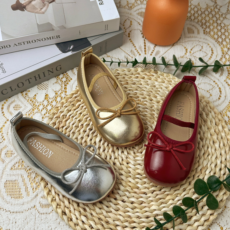 2025 Spring and Autumn New Korean Style Little Girls Retro Classic Bow Baby Non-Slip Fashion Single Shoes Dance Shoes