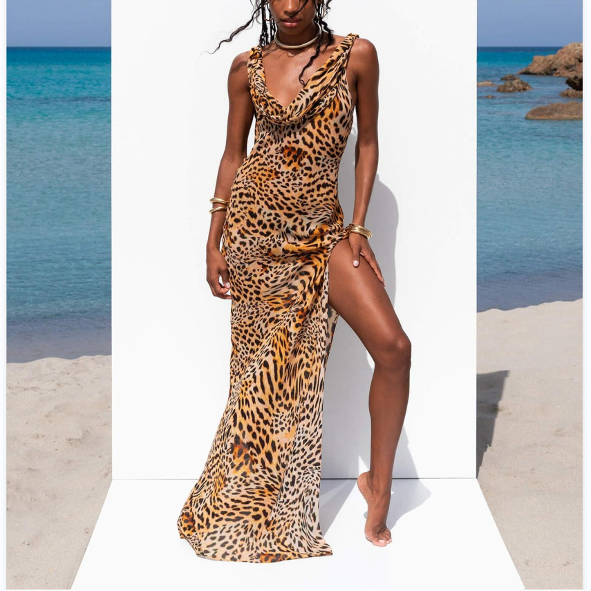 European and American sexy women's clothing cross-border Amazon new sling sleeveless dress leopard print large backless hem slit length