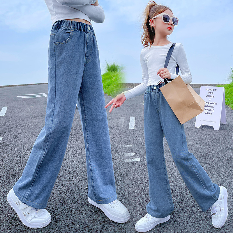 Girls' Jeans 2024 Korean Style Autumn Wear Girls' Big Children's Straight Wide Leg Pants Autumn Casual Loose Children's Pants