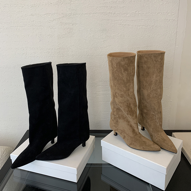 2025 Autumn and Winter New European and American Simple Elegant Bottom Heel Pointed Toe High Boots Comfortable and Versatile Pure Color Wide Tube Long Boots