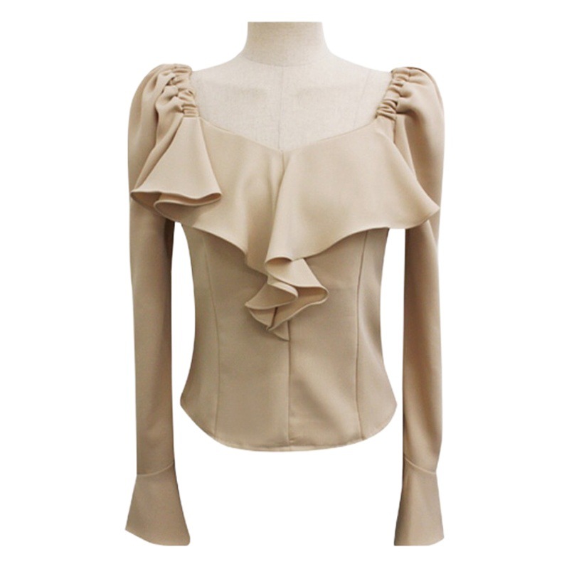 Foreign Trade Small Tall and Slim Square Collar Shirt 2025 Spring & Fall French Fungus Edge Slim Long-Sleeved Shirt for Women