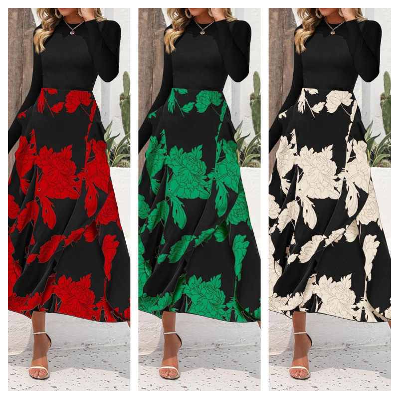 Spot Shein Cross-Border Amazon Independent Station Shopee Aliexpress Hot Selling European and American Long-Sleeved Dress