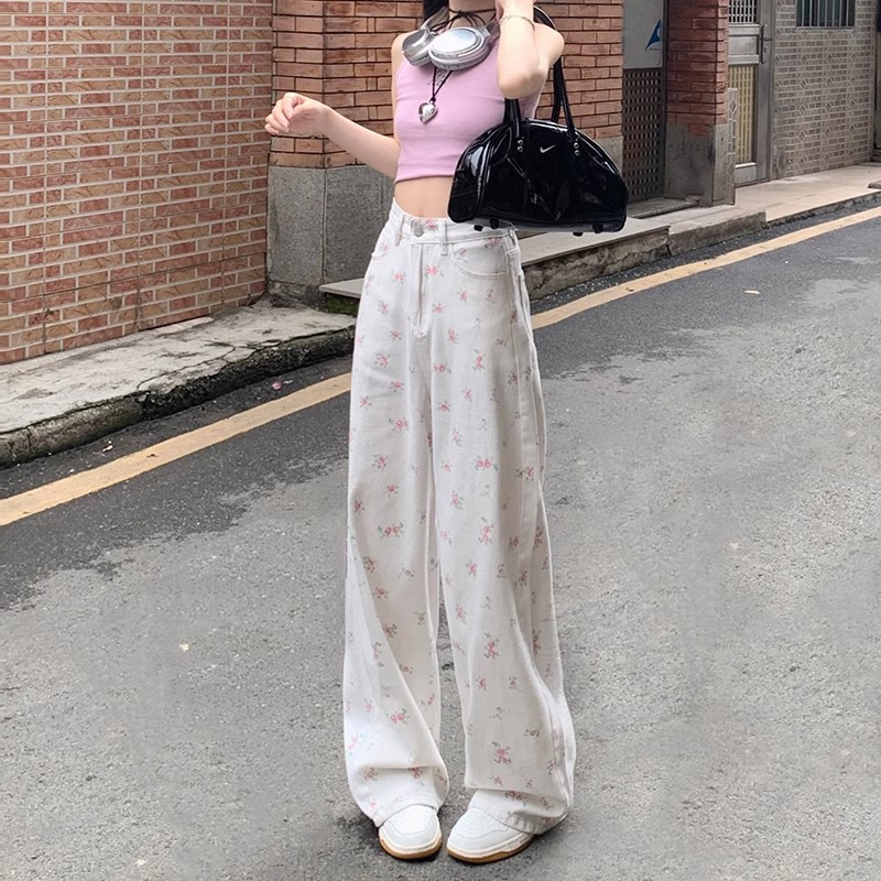 2024 Summer New High Waist White Floral Wide Leg Jeans Women's Design Sense Loose Slimming Straight Pants
