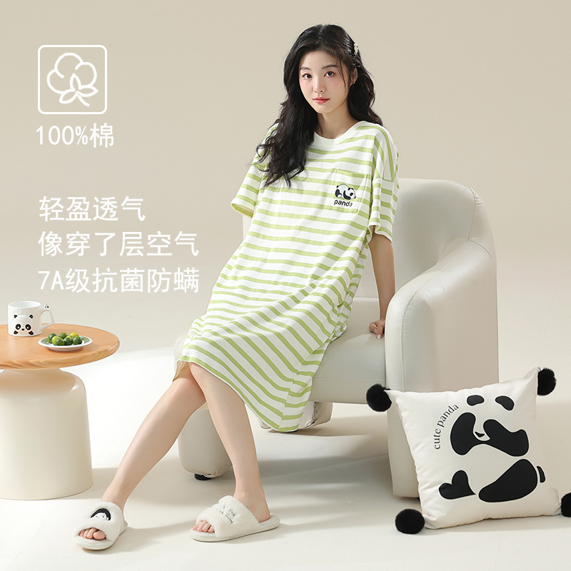 Class a Antibacterial Nightgown for Women Summer Pure Cotton Short-Sleeved Dress Girl Cartoon Large Size Can Be Worn Outside Cotton Pajamas