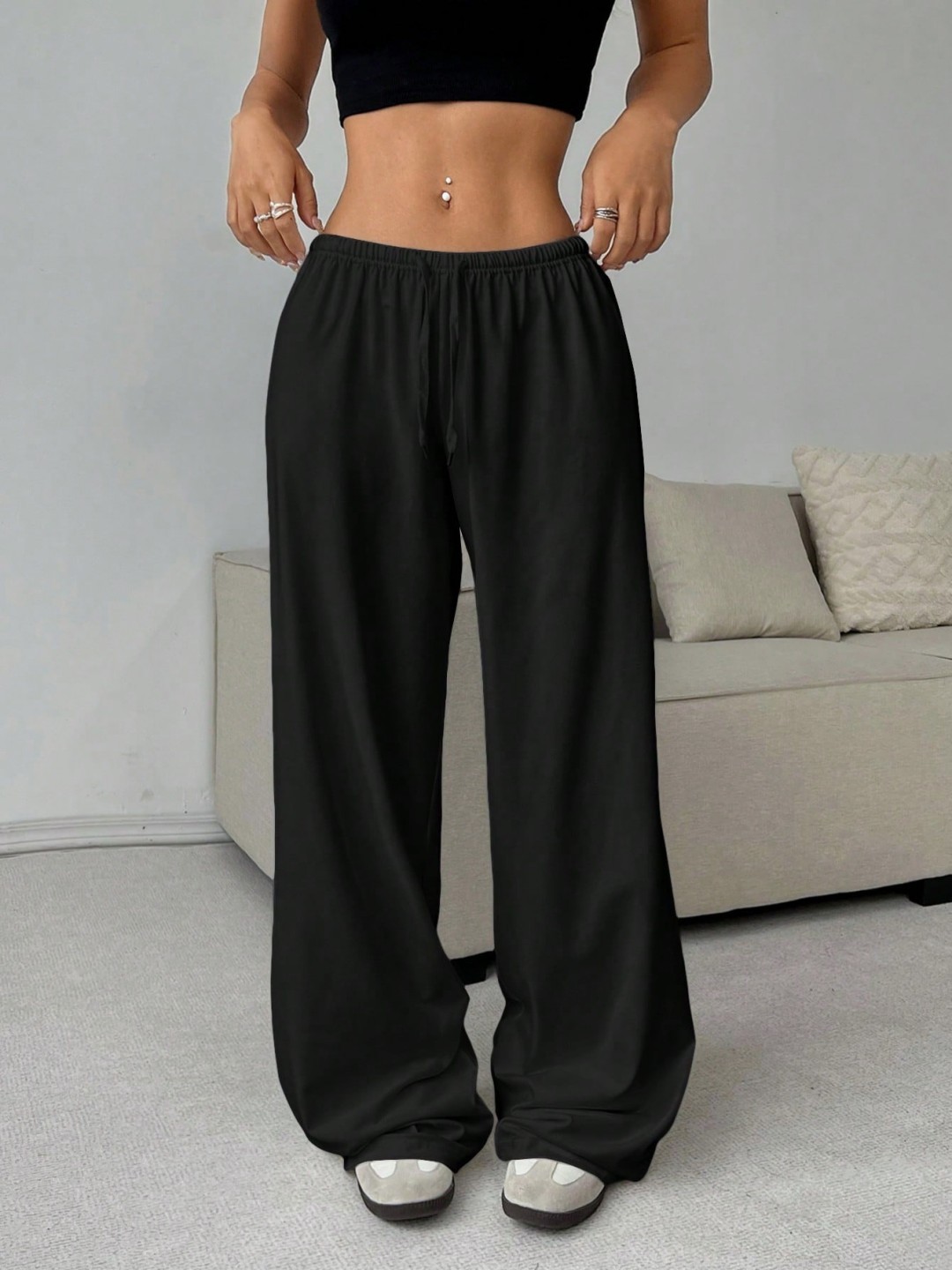 Cross-border European and American Foreign Trade 2025 Spring and Summer New Loose Waist Pants Wide Leg Pants Knitted Casual Pants for Women