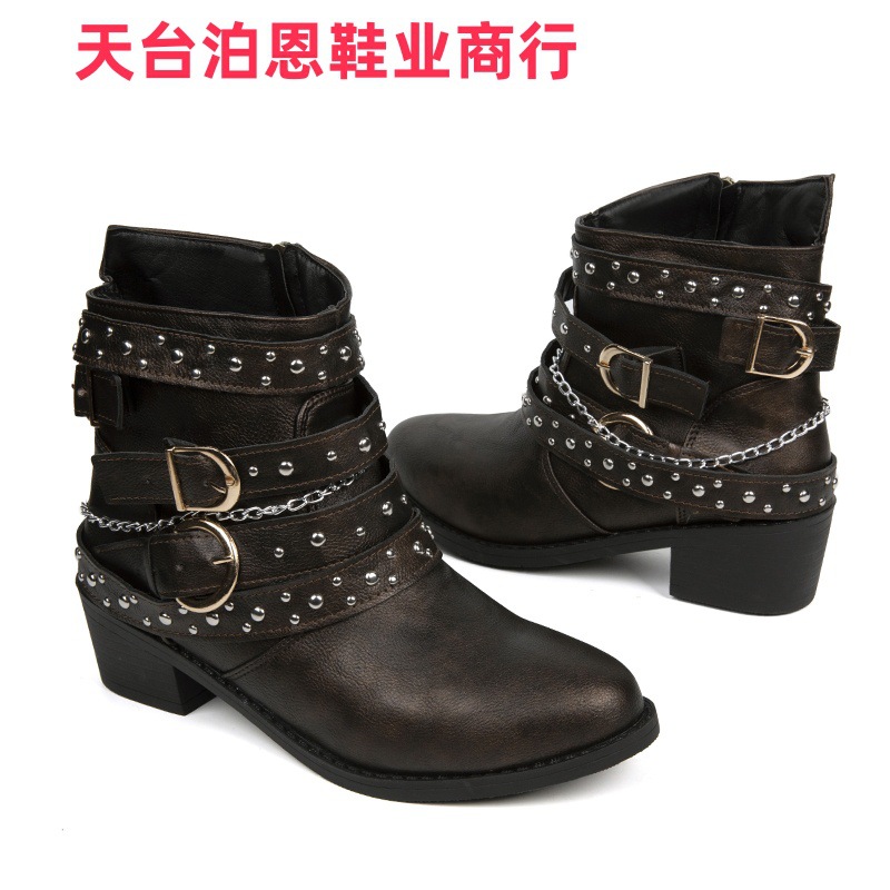 Picture of Cross-border foreign trade in-stock 2025 side zipper round toe double chain square heel PU European and American women's ankle boots autumn and winter new ankle-length boots