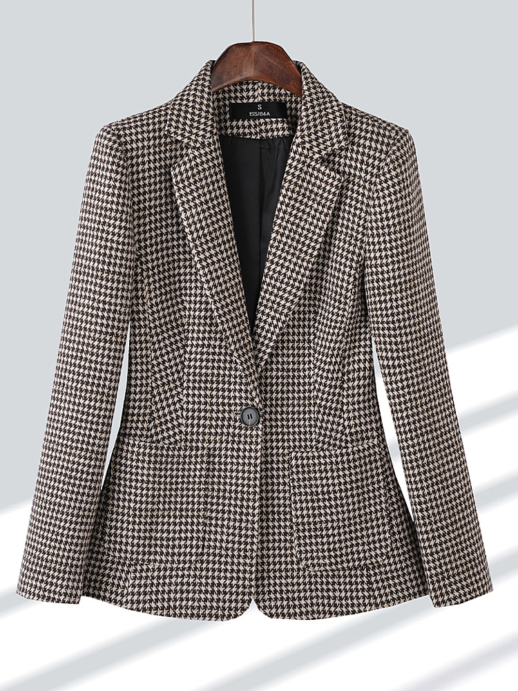 Picture of Plaid High-end brown Small Suit Jacket Women's Spring and Autumn South Korea Retro British-style Casual Korean-style Short Slim-fit