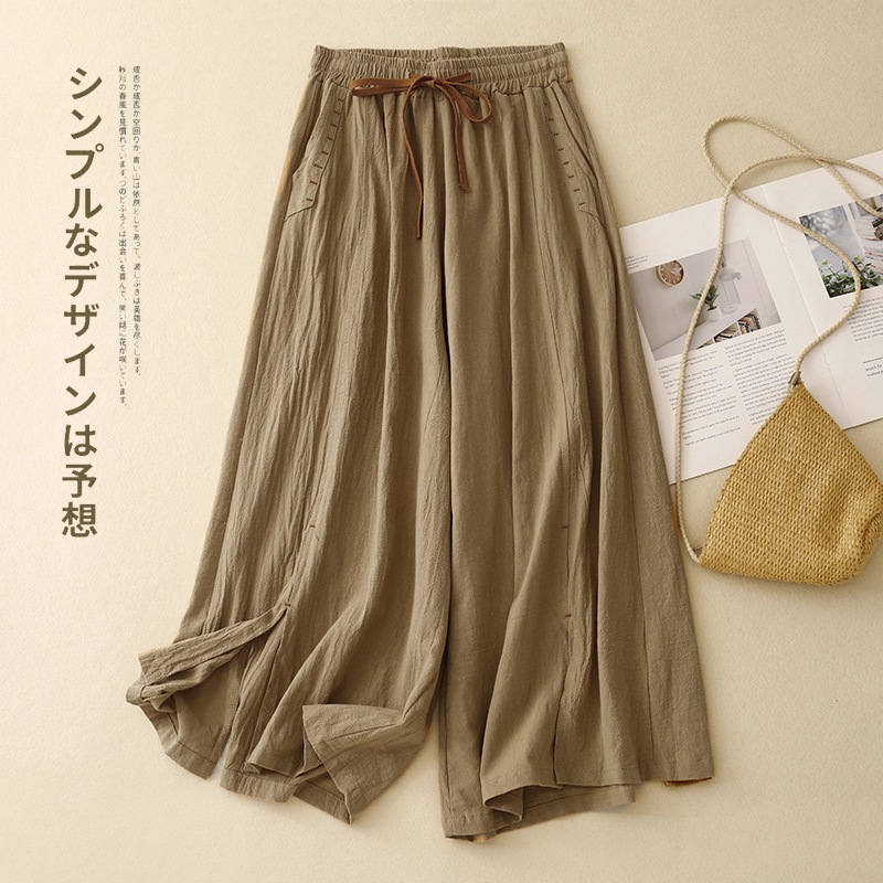 Real Shot 2025 Summer New Artistic Cotton and Linen Loose Slim Skirt Pants Casual Nine-point Linen Wide-leg Pants for Women