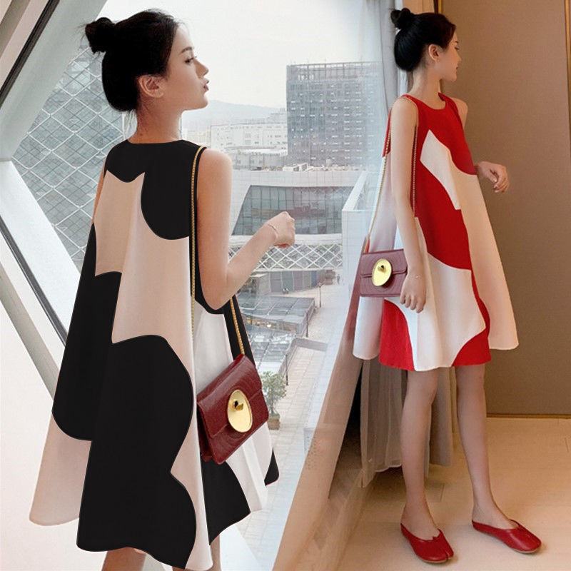 Plus size women's clothing dress 2023 Summer loose chubby girl sleeveless mid-length elegant age-reducing slimming vest skirt