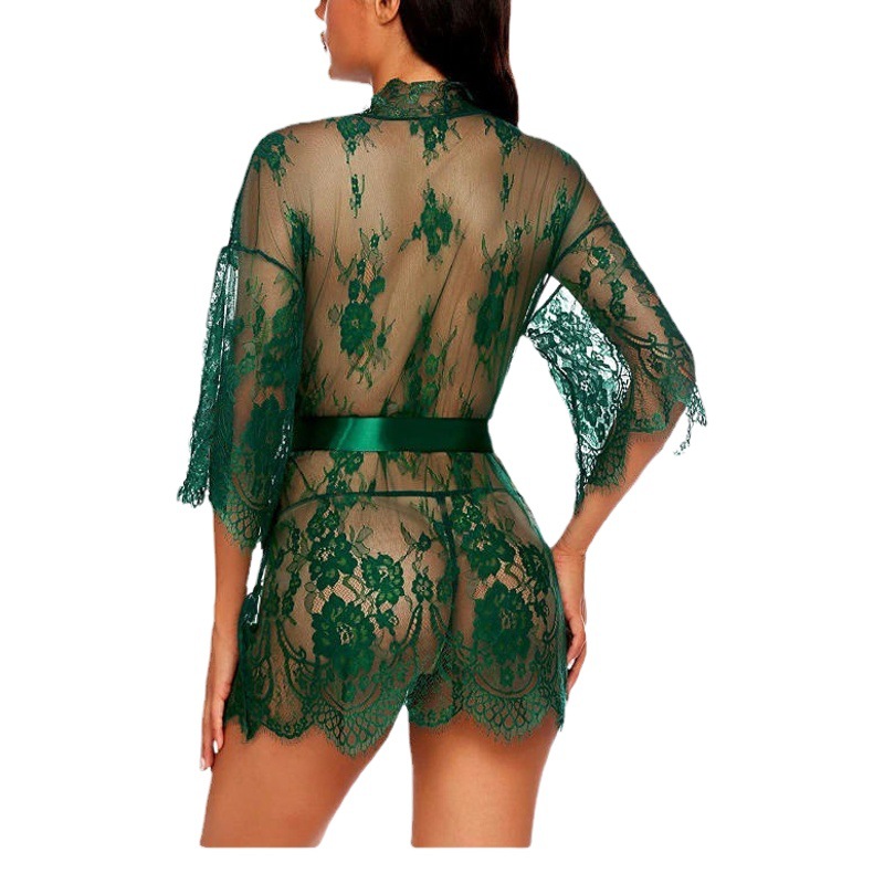 New European and American Sexy Underwear Women's Sexy Temptation Lace Kimono Nightgown Doll Underwear Mesh Pajamas