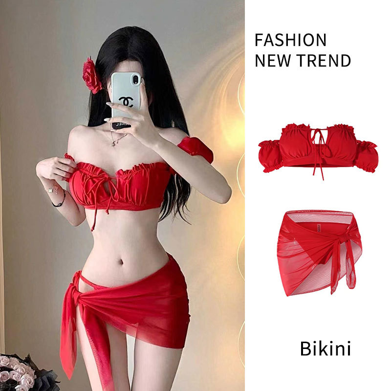 2024 New Internet Celebrant Same Style Sexy European and American Style Retro Red Bikini Split Swimsuit Women's Chest Pad Pure Desire