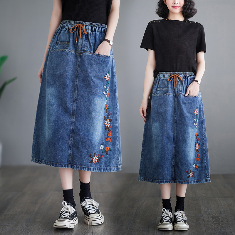 2024 Summer New Arrival plus size Loose Embroidered Denim Skirt Female Chubby Sister Slimming High Waist A- Line Skirt