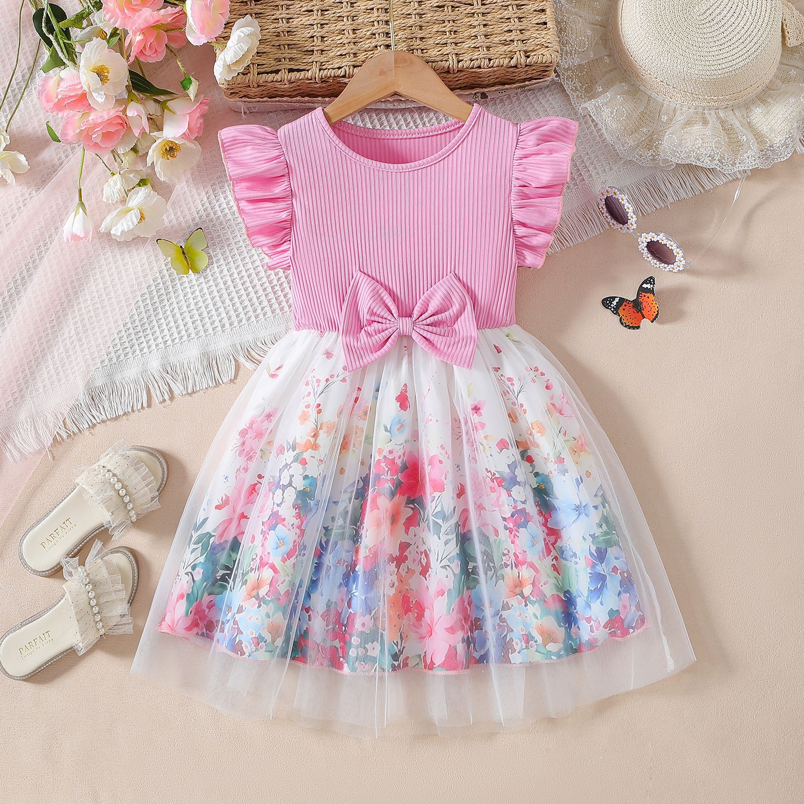 Picture of Foreign Trade Cross-border Girls Summer Small Flying Sleeve Waist Bow Design Stitching Mesh Elegant Princess Dress Trendy