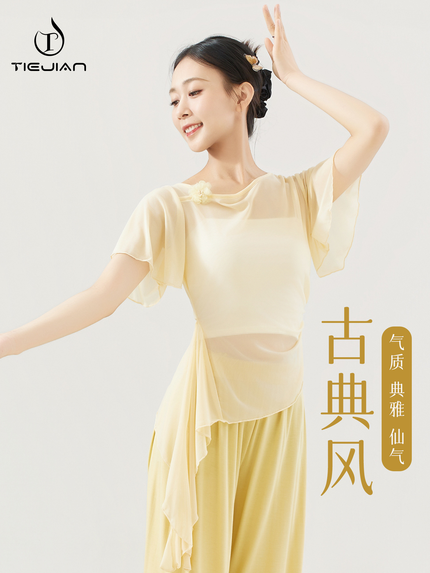 3592 Dance Costume Classical Women's Modern Chinese Body Practice Stretch Mesh Flowing Short Sleeve Adult Dance Top