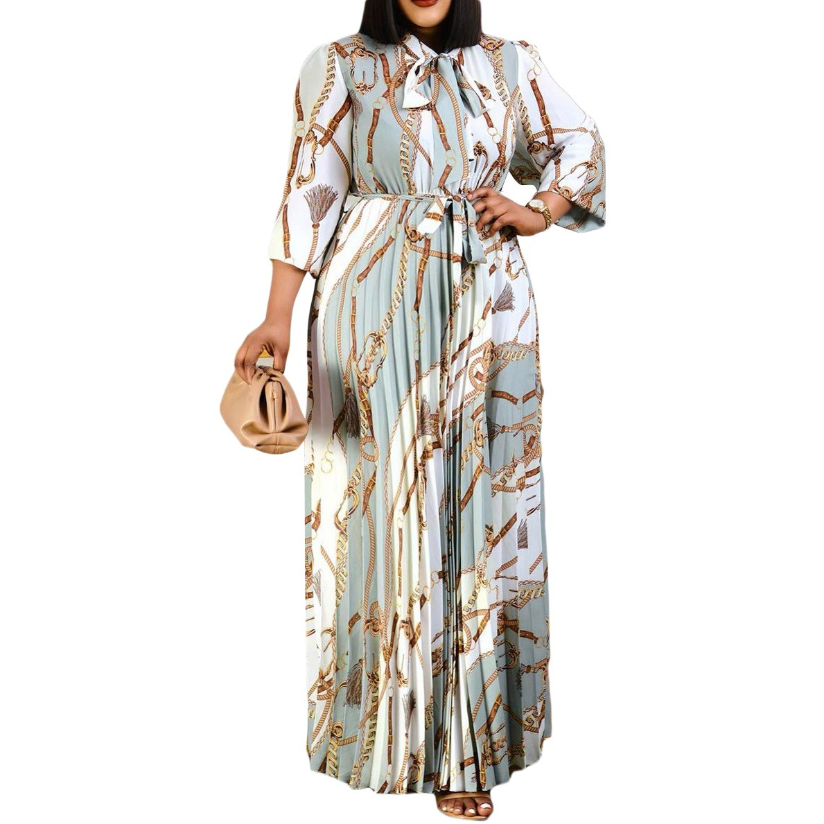 Ethnic trendy loose dress foreign trade European and American special printed lace-up pleated plus size women's pleated dress