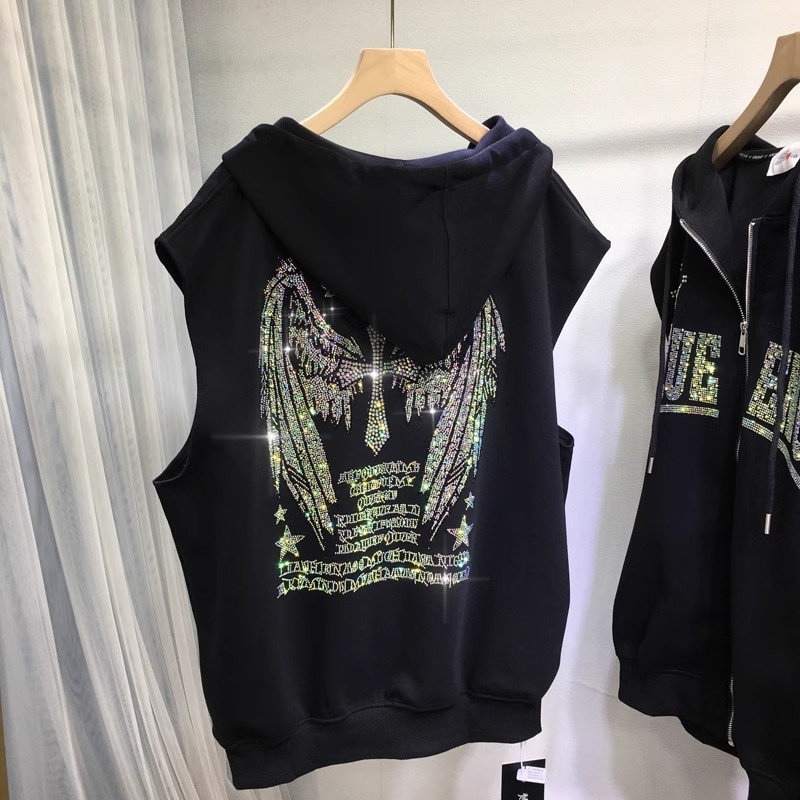 plus size Women's 1.00 kg-150.00 kg chubby girl Heavy Industry Hot Drilling Wings Hooded Cardigan Sleeveless Vest Shoulder Jacket