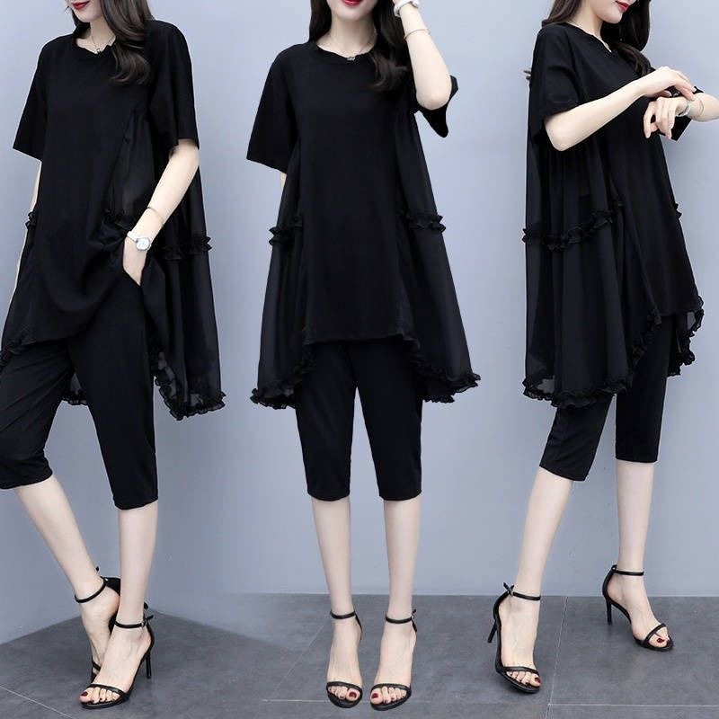 Fat Girl plus size women's Western style two-piece suit suitable for fat women with thick legs covering belly slimming suit summer