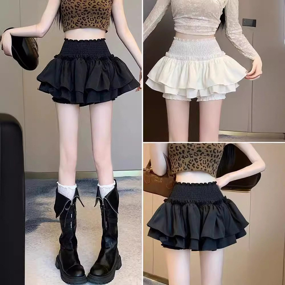 Black Ultra-Short Skirt for Women, Cake-Style Elastic Waist Half Skirt, Petite Puffy Spring-Summer A-Line with Ruffles