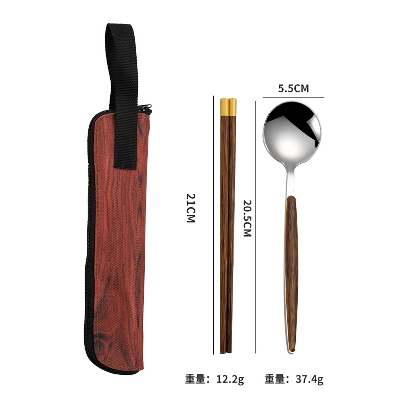 Picture of Mingrui stainless steel portable tableware suit high color value high quality chicken wing wooden chopsticks wooden handle soup eating spoon