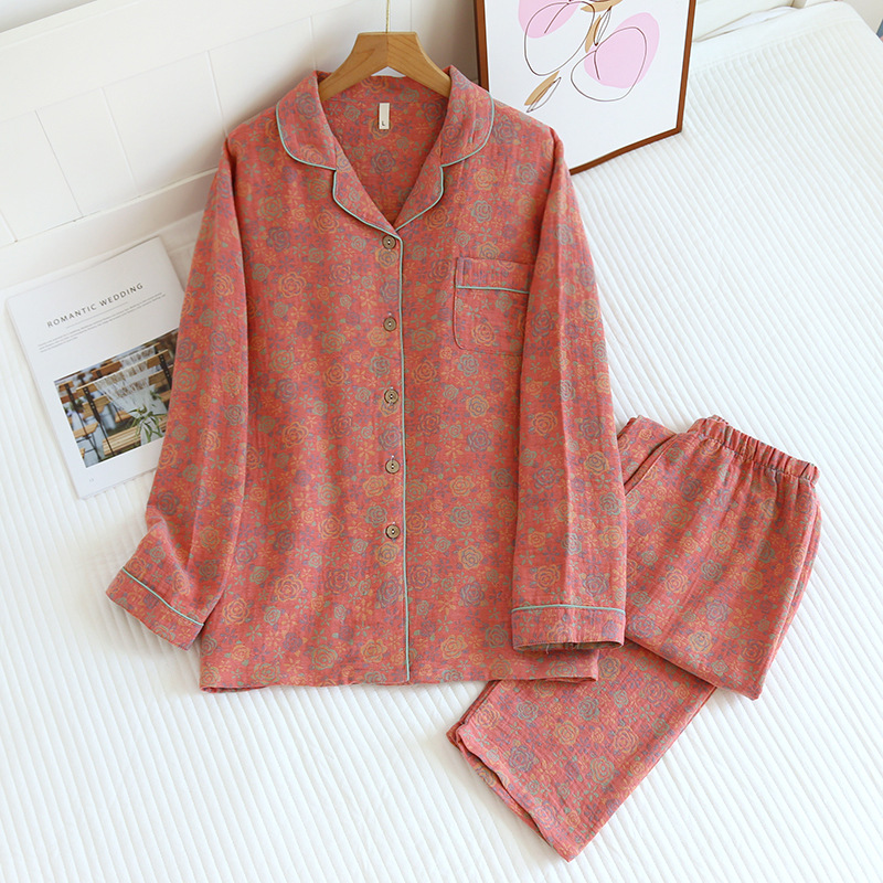 23 new yarn-dyed cotton pajamas women's spring and autumn lapel rose flower double-layer cotton yarn long sleeve home wear suit wholesale