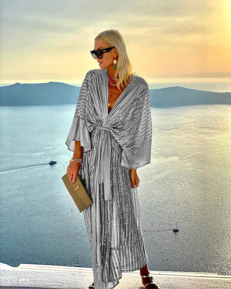 Picture of Wish Amazon AliExpress 2022 beads cardigan batwing sleeve party sequins dress tassel dress INS