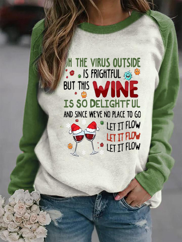 Raglan Sleeve T-Shirt Women's Christmas OH THE VIRUS OUTSIDE Printed T-Shirt Long Sleeve Polyester Cotton Women's T-Shirt