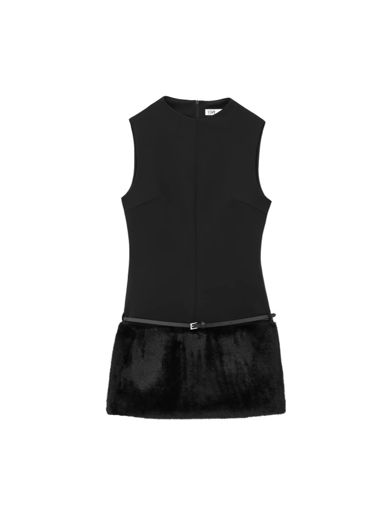 Foreign Trade 2025 European and American Spring New Elegant Round Neck Sleeveless Belt Faux Fur dress Women 4772241