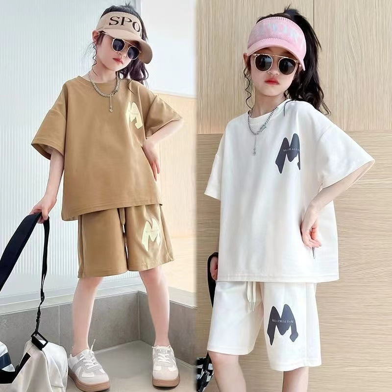Girls' Summer Dress suit 2024 New Children's Short-sleeved T-shirt Summer Middle and Big Kids Girls' Shorts Sports Two-piece Set