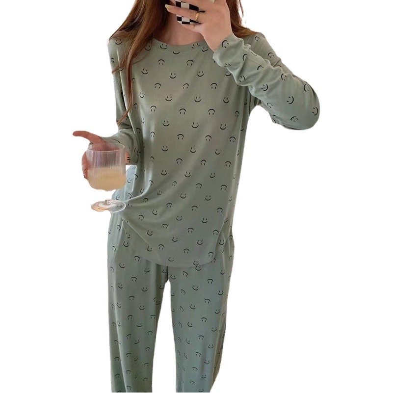 Popular Korean style spring and autumn thin smiley face suit pajamas women's long sleeve loose sports student casual home wear
