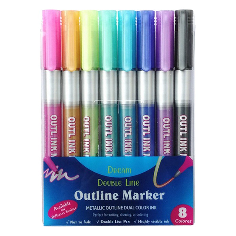 8-color double-line Contour pen marker pen cross-border metal stroke dream color student DIY hand account pen fluorescent pen