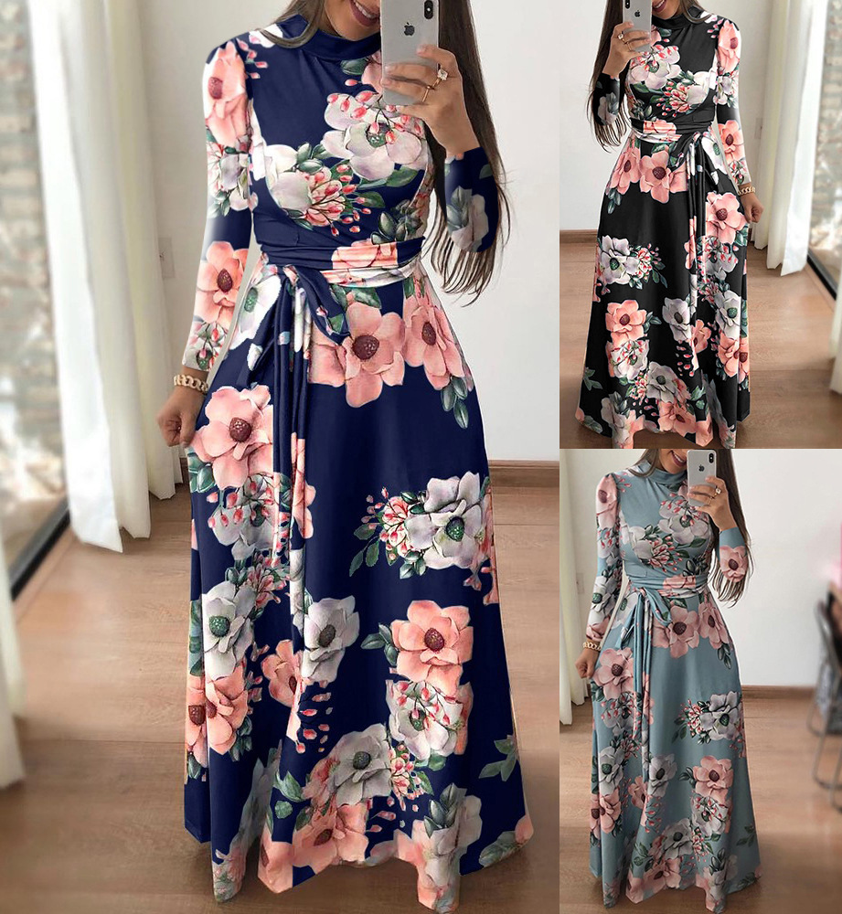 ebay AliExpress Amazon autumn and winter New Fashion casual print strap long sleeve dress
