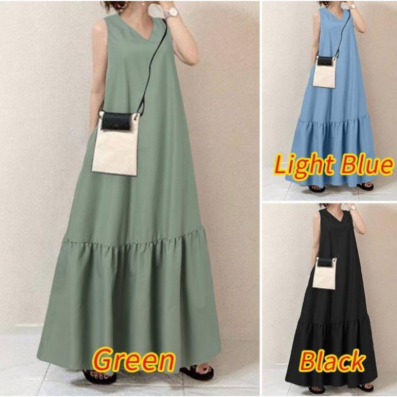 Japanese-style Korean-style Lotte Beach Dress V-neck Solid Color Sleeveless Pocket Dress Long Dress