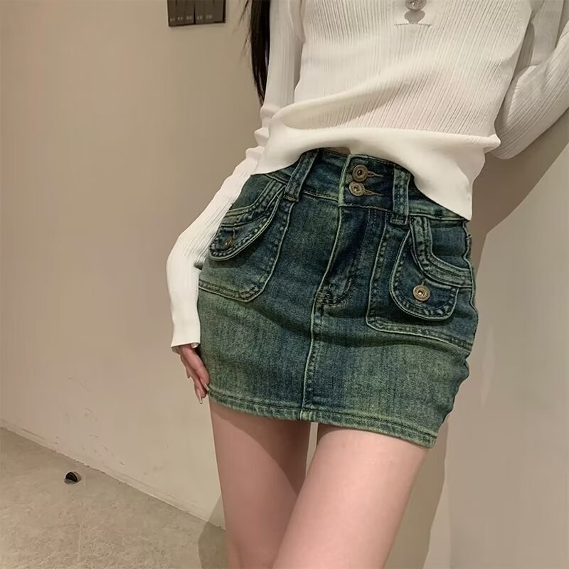 2024 Spring and Summer New Retro High Waist Washed Blue Denim Skirt Women's Bag Hip A- line Short Skirt Women's Skirt