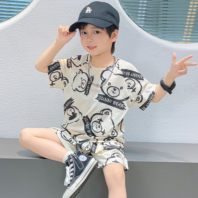 Picture of Korean-style Breathable Pure Cotton Short-sleeved Suit Children's Sweat-absorbent Thin Summer Clothes for Boys and Girls Home Clothes T-shirt Shorts for Baby