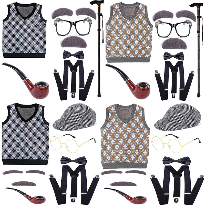 Picture of COS Old Man Dress Up Halloween Children Grandpa Vest Wig Beard Granny Children Show Wig