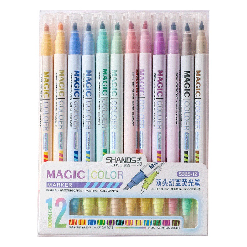 Good knowledge of double-headed magic color-changing highlighter with high color value for students to Mark and Mark key marker 12-color hand account pen